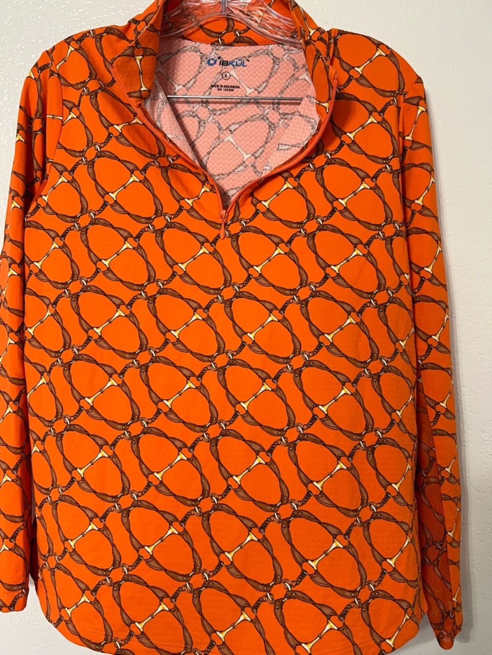 IBKUL Orange Chain Print Zip Neck Top L Athleisure Golf Tennis Sun Shirt UPF - Picture 2 of 6